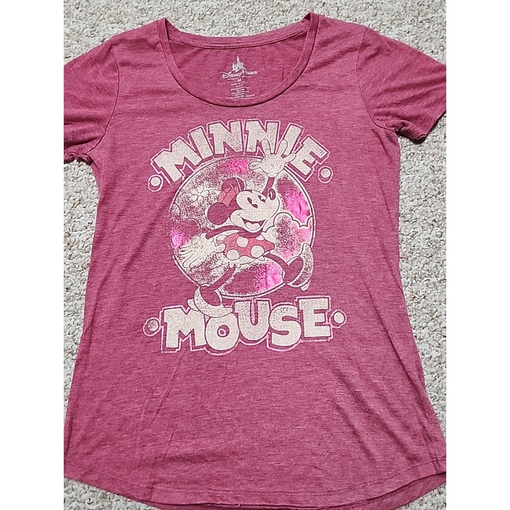 Disney Parks Minnie‎ Mouse Graphic Tee Heather Red Pink Foil Scoop Neck Womens M
